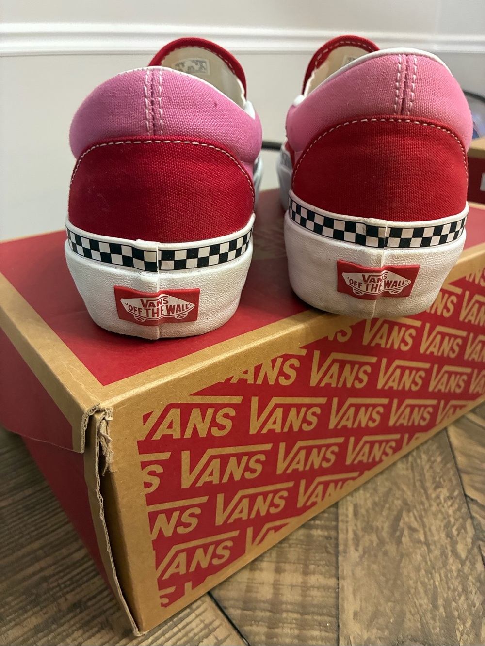 Vans Canvas Slip-On Sneakers - Red & Pink with Checkerboard Trim - Picture 4 of 5